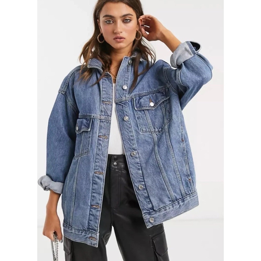 Topshop Womens Oversized Denim Jacket Blue Mid Wash Button Up Size US 8